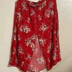 Red Floral Skirt With Middle Slit
